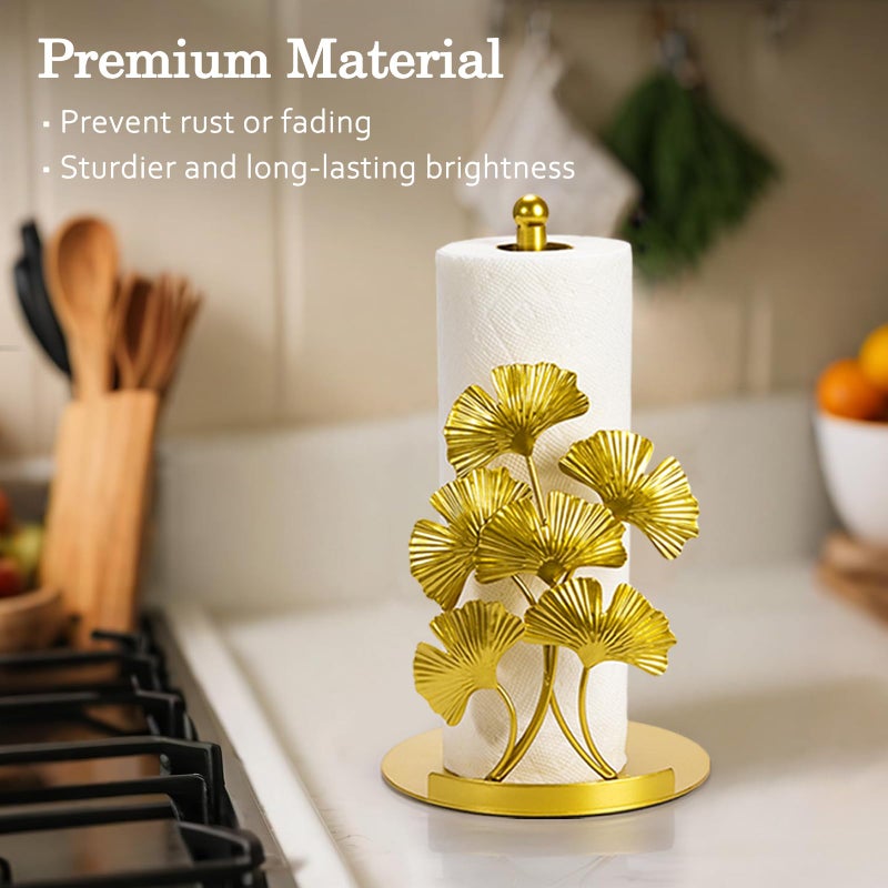 Shinlar Vintage Gold Ginkgo Paper Towel Holder Countertop - Gold Kitchen Decor and Accessories, Luxury Housewarming Gifts for Women, 3D Ornate Leaf Textured, Retro Design Home Decor, Weighted Base & Felt Pad - Image 4