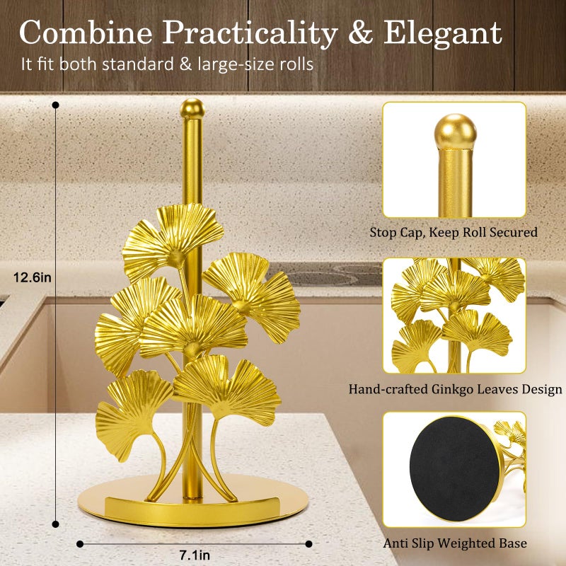 Shinlar Vintage Gold Ginkgo Paper Towel Holder Countertop - Gold Kitchen Decor and Accessories, Luxury Housewarming Gifts for Women, 3D Ornate Leaf Textured, Retro Design Home Decor, Weighted Base & Felt Pad - Image 2