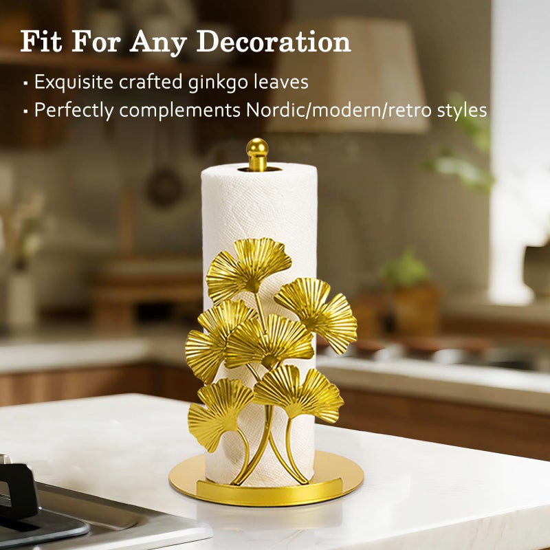 Shinlar Vintage Gold Ginkgo Paper Towel Holder Countertop - Gold Kitchen Decor and Accessories, Luxury Housewarming Gifts for Women, 3D Ornate Leaf Textured, Retro Design Home Decor, Weighted Base & Felt Pad - Image 3