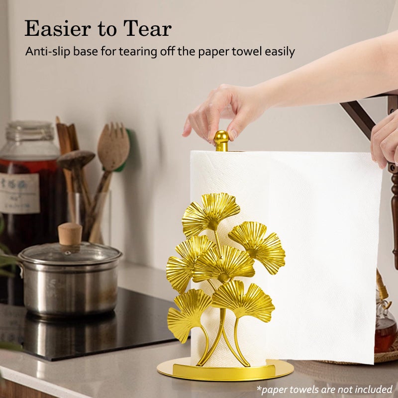 Shinlar Vintage Gold Ginkgo Paper Towel Holder Countertop - Gold Kitchen Decor and Accessories, Luxury Housewarming Gifts for Women, 3D Ornate Leaf Textured, Retro Design Home Decor, Weighted Base & Felt Pad - Image 5