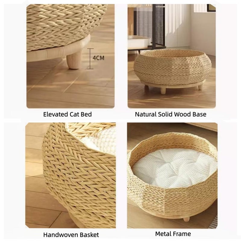 SHENGOCASE Extra Large Handwoven Paper Rope Wicker Rattan Pet Cat Dog Nest Basket Bed, Elevated Couch with Wooden Base, Cozy Cushion for Maine Coon, Indoor - Image 4