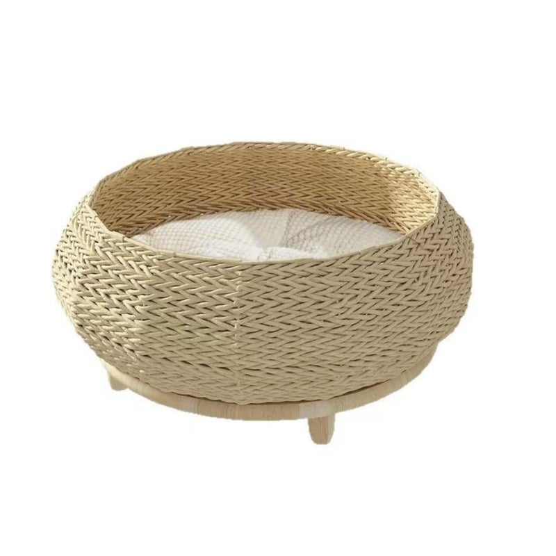 SHENGOCASE Extra Large Handwoven Paper Rope Wicker Rattan Pet Cat Dog Nest Basket Bed, Elevated Couch with Wooden Base, Cozy Cushion for Maine Coon, Indoor - Image 1