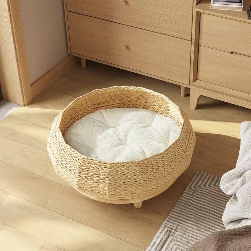 SHENGOCASE Extra Large Handwoven Paper Rope Wicker Rattan Pet Cat Dog Nest Basket Bed, Elevated Couch with Wooden Base, Cozy Cushion for Maine Coon, Indoor - Image 2