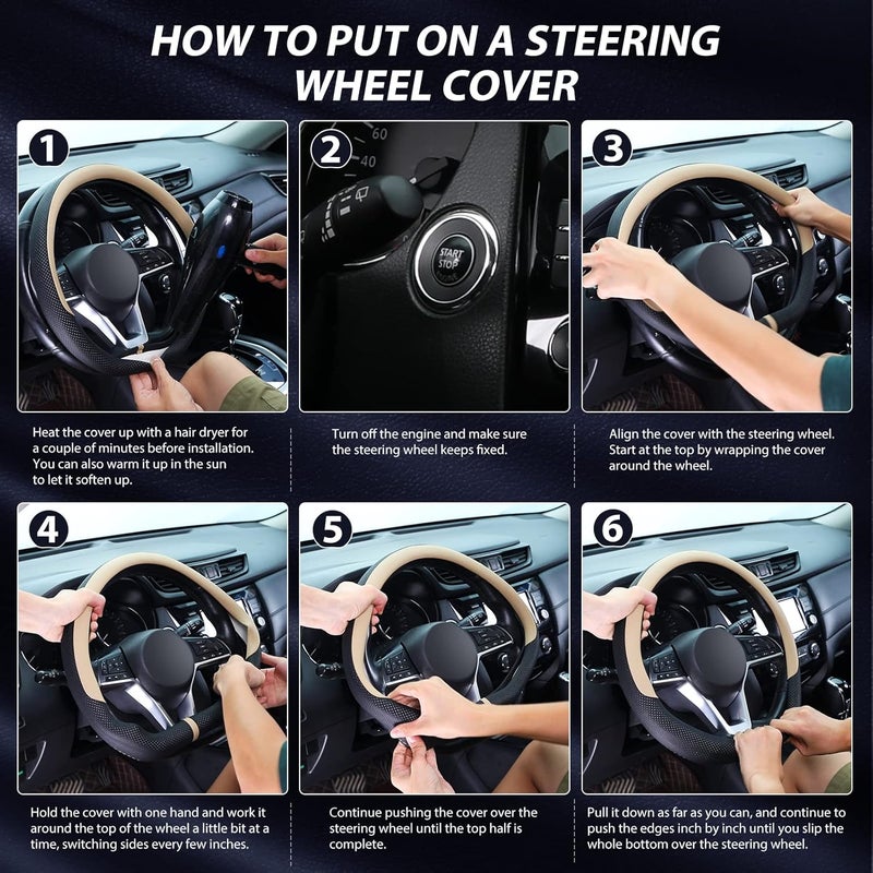 SEG Direct Flat Bottom Steering Wheel Cover Breathable, D Shaped Car Wheel Cover 14 1/2-15 in. (37-39 cm), Black Beige Microfiber Leather - Image 5