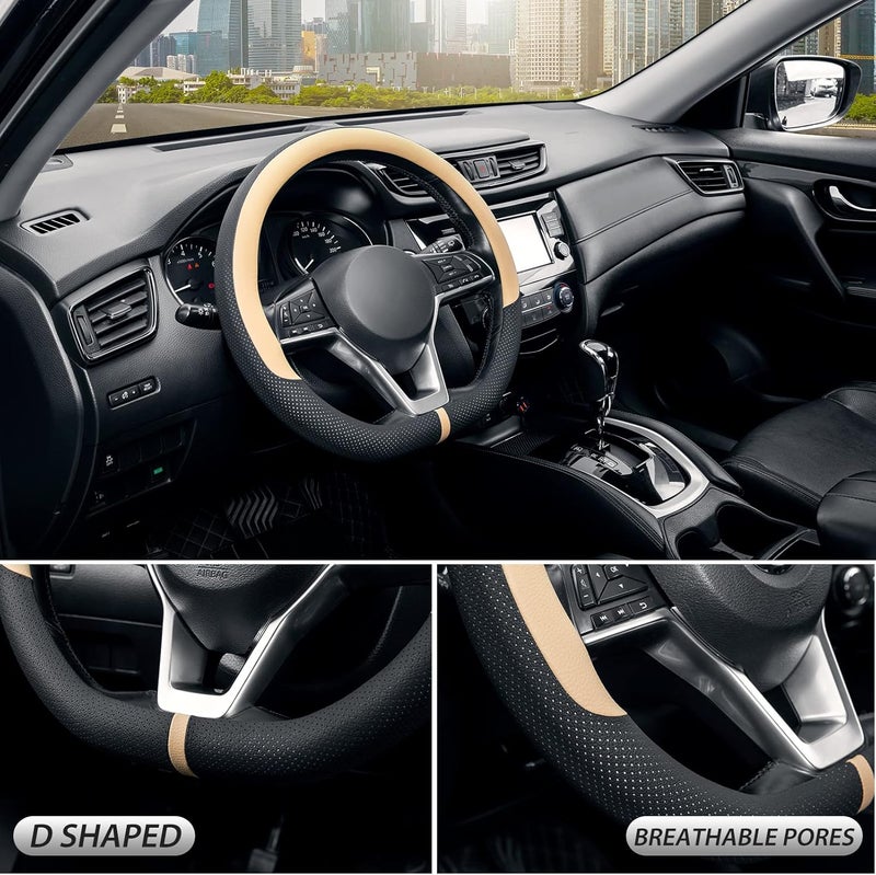SEG Direct Flat Bottom Steering Wheel Cover Breathable, D Shaped Car Wheel Cover 14 1/2-15 in. (37-39 cm), Black Beige Microfiber Leather - Image 3
