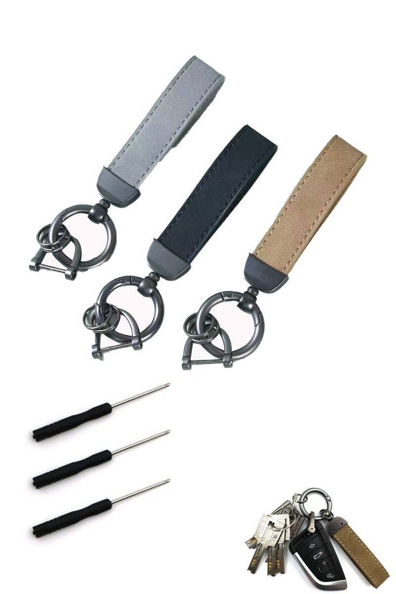 3 Pieces Universal PU Leather Keychain with Key Rings and Anti-Lost D-Ring, Durable Zinc Alloy Metal 360° Rotatable Compatibility Car Keys Holder Organizer, for Men Women with 3 Screwdrivers - Image 1