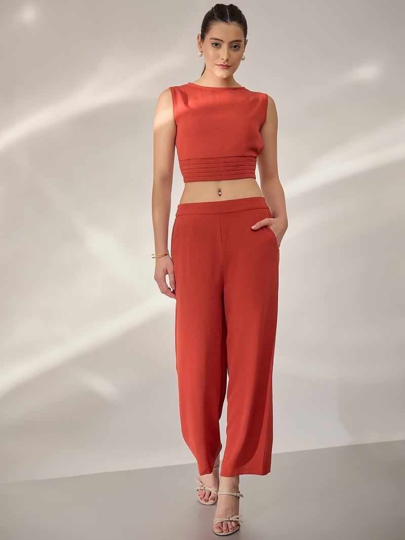 بانيت طقم متناسق (Co-ord Set) بلوزة قصيرة (Crop Top) بلون الصدأ (Rust) مع بنطلون - Image 1