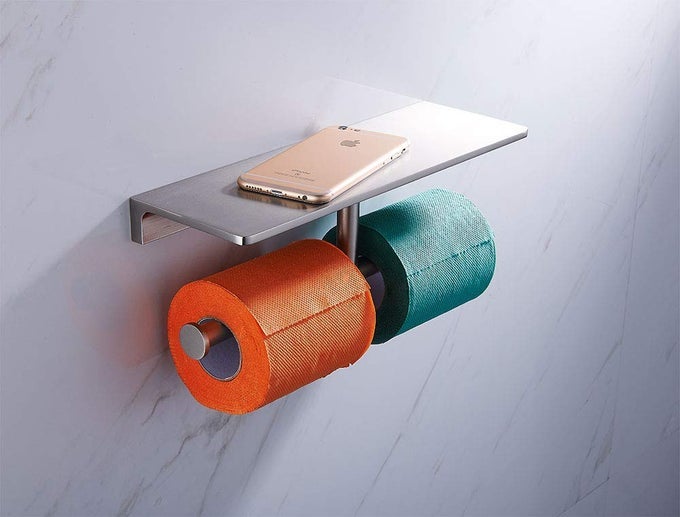 TOILET PAPER HOLDERBRUSHED NICKEL DOUBLE TOILET PAPER ROLL HOLDER WITH STORAGE SHELFWALL MOUNT BRASS TOLIET TISSUE DISPENSER FOR HOME AND HOTEL BATHROOMS