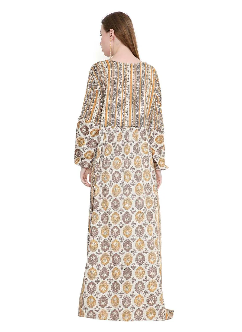 هانا آند سارا glamorous long viscose printed farasha with unique embroidered thread detailing arabic kaftan jalabiya dress