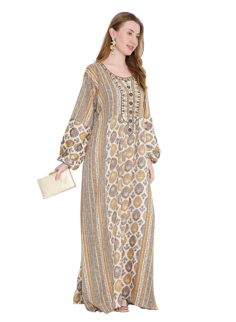 HANA & SARA glamorous long viscose printed farasha with unique embroidered thread detailing arabic kaftan jalabiya dress