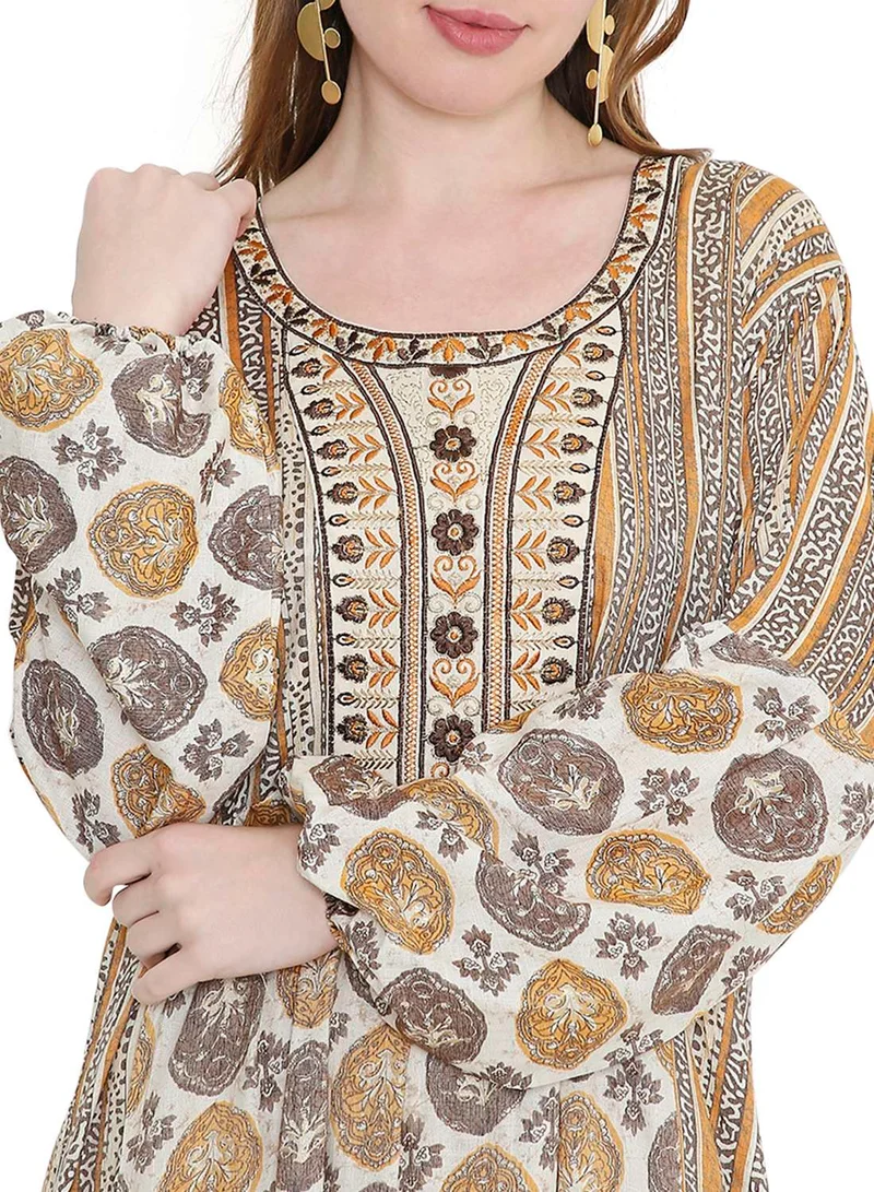 HANA & SARA glamorous long viscose printed farasha with unique embroidered thread detailing arabic kaftan jalabiya dress