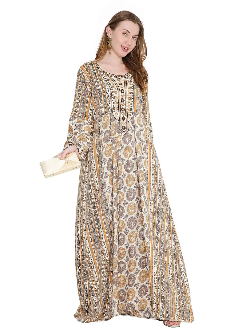 HANA & SARA glamorous long viscose printed farasha with unique embroidered thread detailing arabic kaftan jalabiya dress
