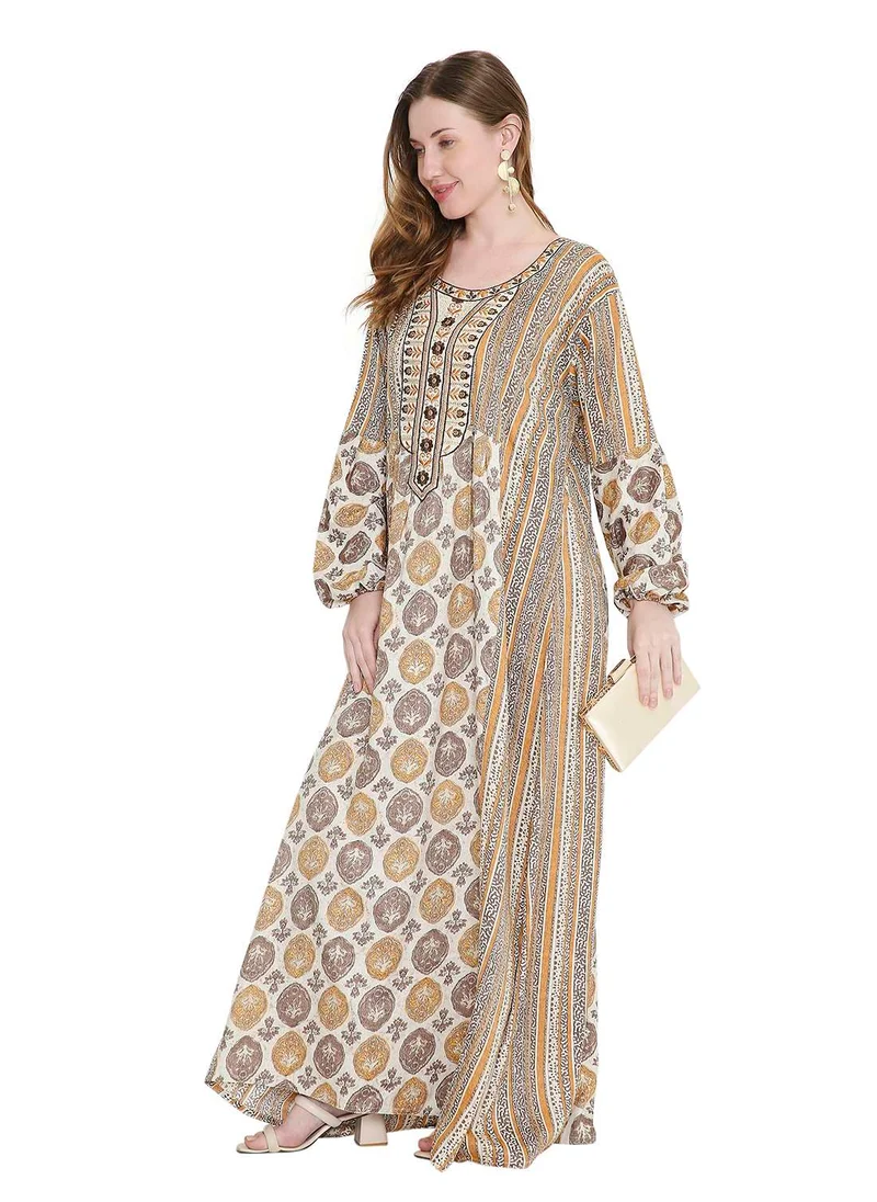 هانا آند سارا glamorous long viscose printed farasha with unique embroidered thread detailing arabic kaftan jalabiya dress