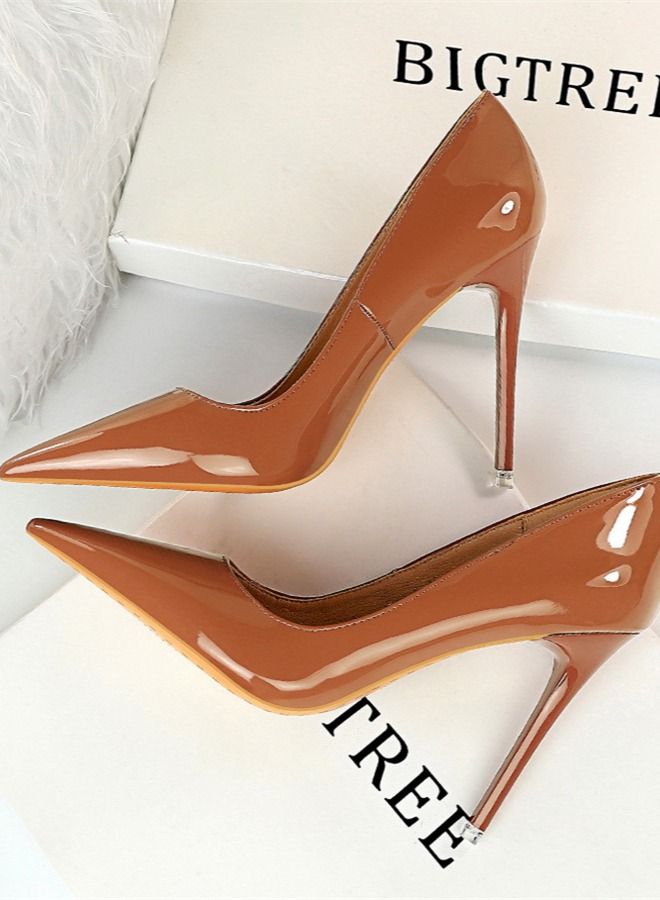 BIGTREE Glossy Patent Leather Shallow Mouth Pointed Thin High-Heeled Shoes 10.5CM Brown
