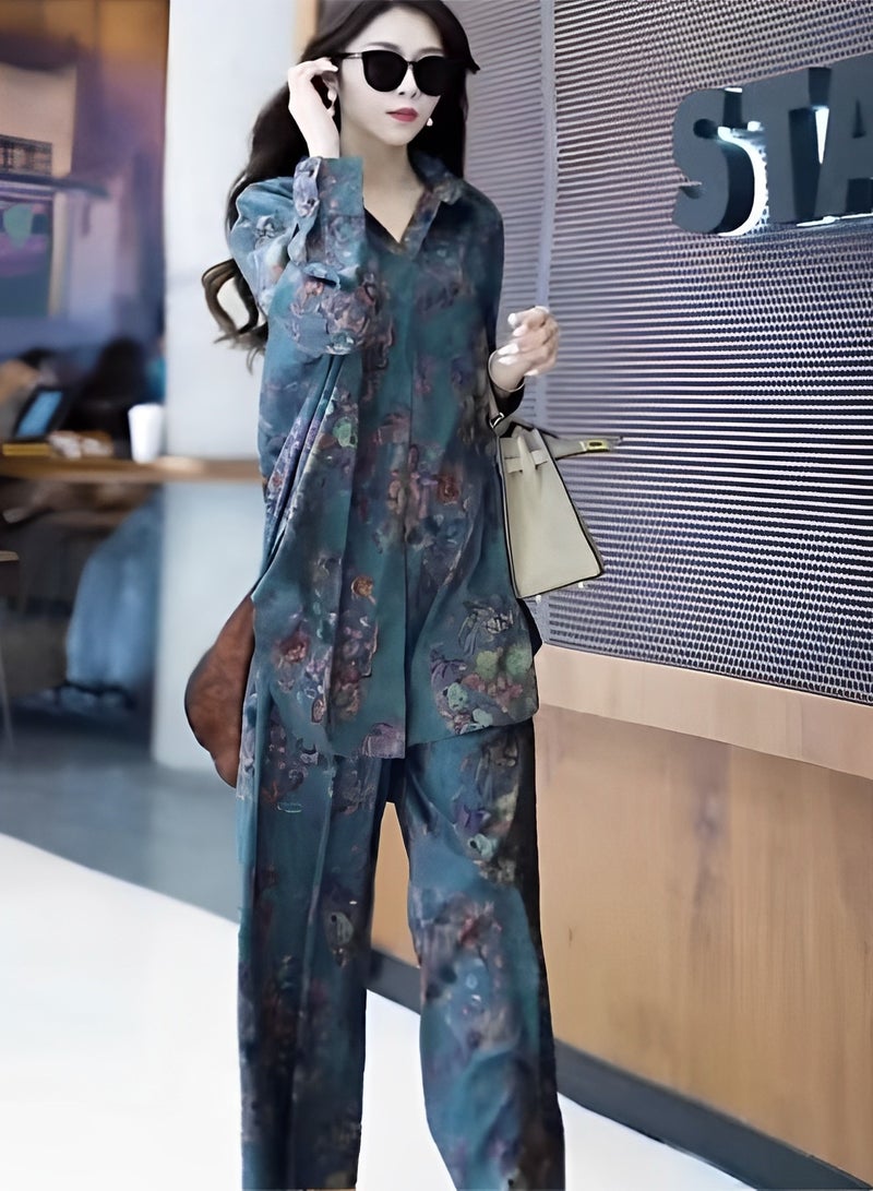 REOCLE Women's 2pcs Outfit Long Sleeve Button Down Shirt Wide Leg Pants Sets with Fashion Print Design Sweat Lounge Matching Set - Image 2