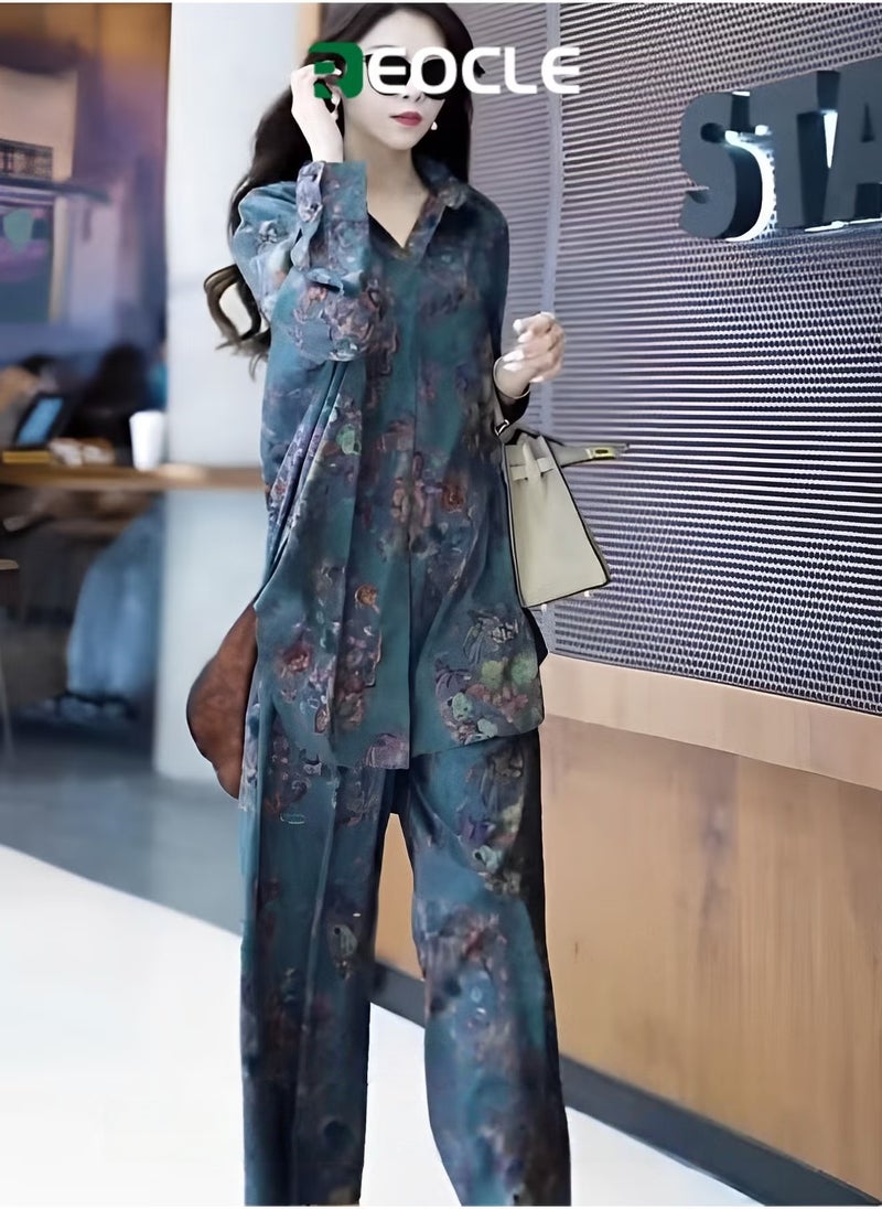REOCLE Women's 2pcs Outfit Long Sleeve Button Down Shirt Wide Leg Pants Sets with Fashion Print Design Sweat Lounge Matching Set - Image 1
