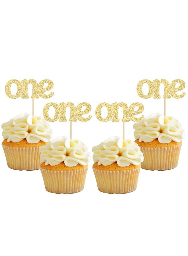 Ephlyn 24Pcs First Birthday Cupcake Toppers Glitter One Cupcake Picks Baby Shower 1st Birthday Cake Decorations Party Supplies Gold - Image 1
