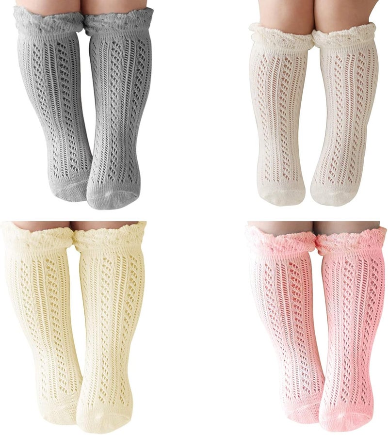 ACTLATI Baby Girls Knee High Socks Hollow Out Anti-skid Knitting Stockings Suitable for 0-2 Years Infants Toddlers - Image 1