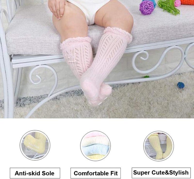 ACTLATI Baby Girls Knee High Socks Hollow Out Anti-skid Knitting Stockings Suitable for 0-2 Years Infants Toddlers - Image 3