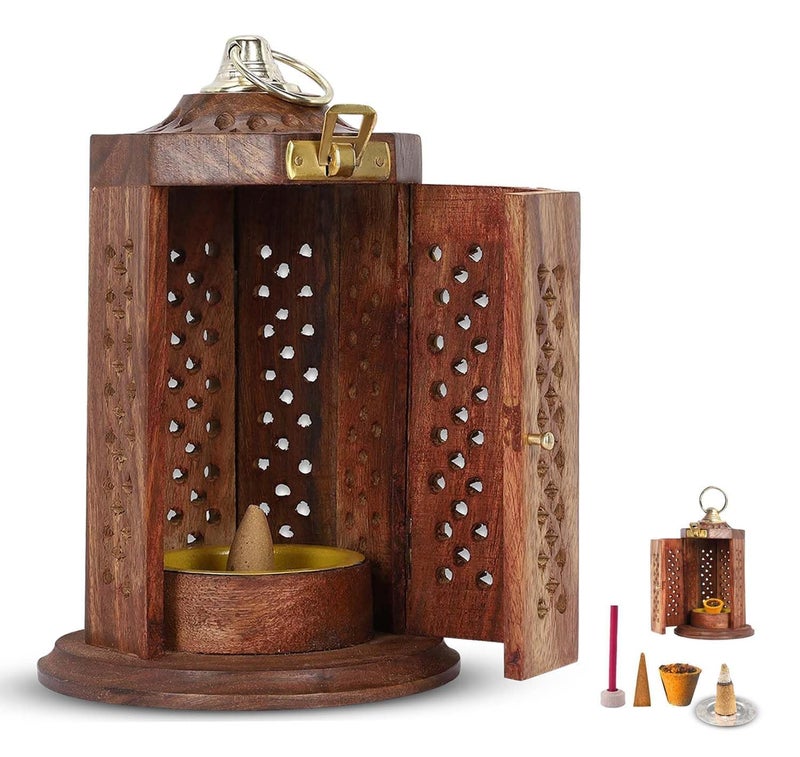 PANCA Dhoop Burner Sheesham Wood Hanging Stand, Dhup Cup, Cone, Batti Stand Incense Holder for Pooja Puja Item Stand Ash Catcher Handcrafted Traditional Design for Aromatic Rituals - Pack of 1 - Image 1