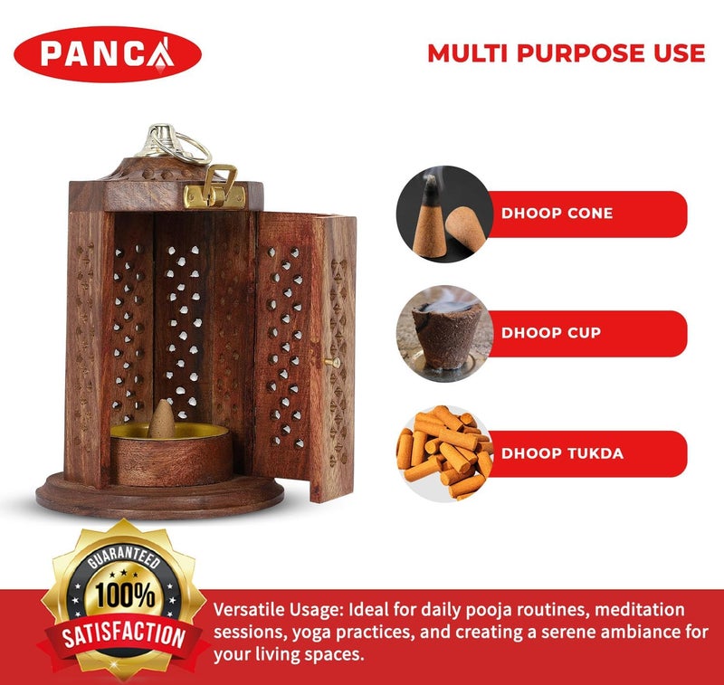 PANCA Dhoop Burner Sheesham Wood Hanging Stand, Dhup Cup, Cone, Batti Stand Incense Holder for Pooja Puja Item Stand Ash Catcher Handcrafted Traditional Design for Aromatic Rituals - Pack of 1 - Image 4