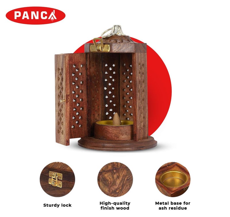 PANCA Dhoop Burner Sheesham Wood Hanging Stand, Dhup Cup, Cone, Batti Stand Incense Holder for Pooja Puja Item Stand Ash Catcher Handcrafted Traditional Design for Aromatic Rituals - Pack of 1 - Image 3