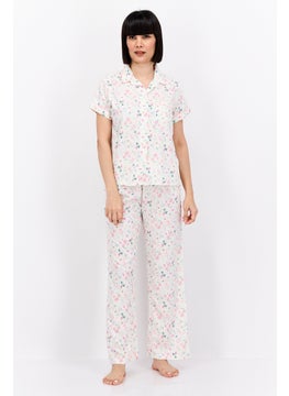 Women 2 Pcs Short Sleeves Allover Printed Pajama Set, White Combo