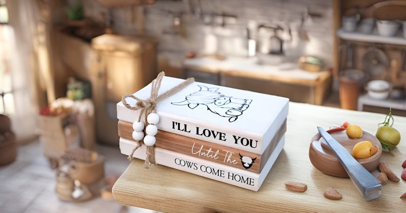 LIVDUCOT Highland Cow Wood Book Stacks Decor - Rustic Farmhouse Decorative Books Sign for Home Coffee Table Mantle Fireplace Shelf Decorations - I'll Love You Until the Cows Come Home 7.5x5x3' - Image 5