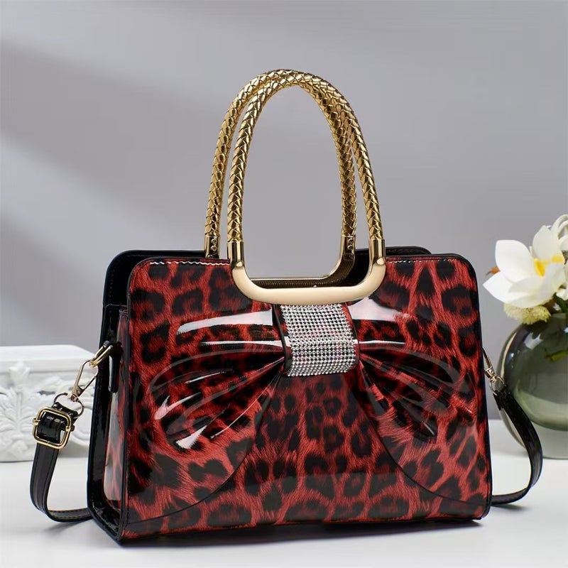 Patent Leather Glossy Handbag For Women Diamond Fashion Versatile Elegant Leopard Print Women'S Bag - Image 4