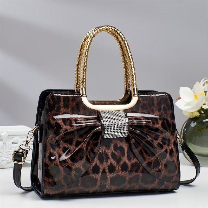 Patent Leather Glossy Handbag For Women Diamond Fashion Versatile Elegant Leopard Print Women'S Bag - Image 1