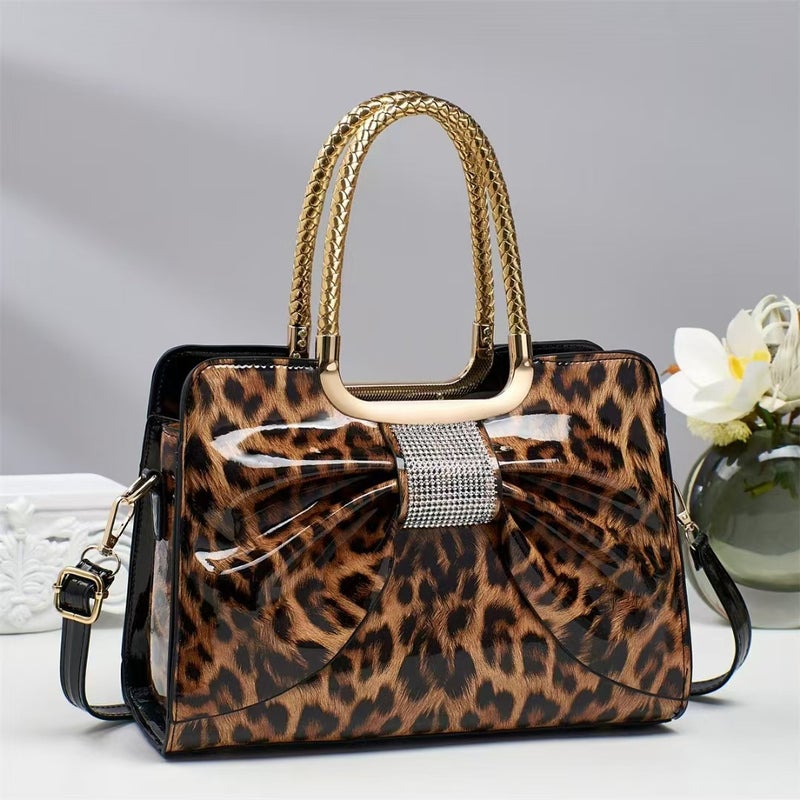 Patent Leather Glossy Handbag For Women Diamond Fashion Versatile Elegant Leopard Print Women'S Bag - Image 3