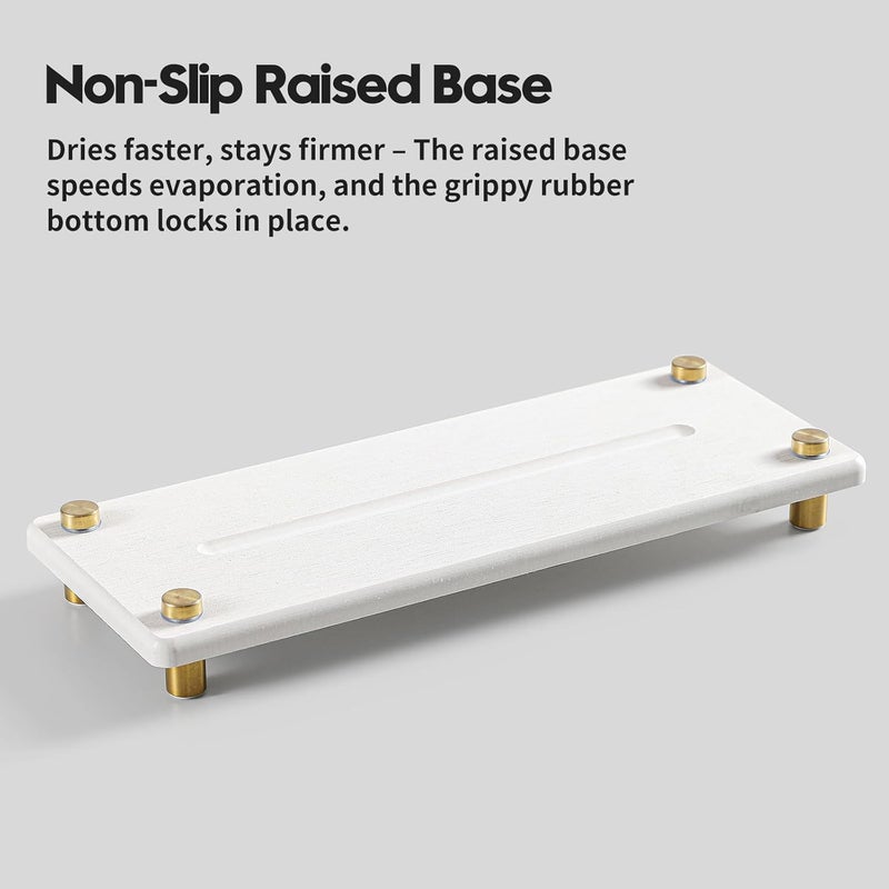 Razborci Water Absorbing Stone Sink Caddy Kitchen Sink Organizer Tray, Diatomite Bathroom Counter Tray, Gold Faucet Drying Mat Coaster Soap Dish Rack Riser Dispenser Sponge Holder, White 10" x 4" - Image 5