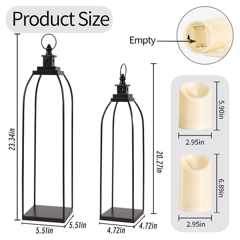 DARJEN 19'' 22'' Decorative Candle Lanterns, Large Farmhouse Decorative Metal Lanterns with 2 Flameless Candles, Black Candle Lanterns for Home Porch Fireplace Decor & Indoor and Outdoor Use - Image 2