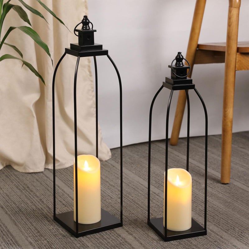 DARJEN 19'' 22'' Decorative Candle Lanterns, Large Farmhouse Decorative Metal Lanterns with 2 Flameless Candles, Black Candle Lanterns for Home Porch Fireplace Decor & Indoor and Outdoor Use - Image 3