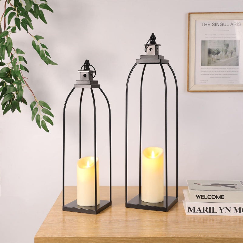 DARJEN 19'' 22'' Decorative Candle Lanterns, Large Farmhouse Decorative Metal Lanterns with 2 Flameless Candles, Black Candle Lanterns for Home Porch Fireplace Decor & Indoor and Outdoor Use - Image 1