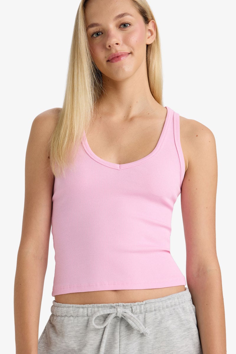 DeFacto Pink Woman Slim Fit Camisole V-Neck Tank Top Casual - Image 1