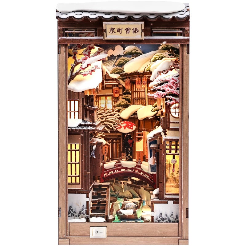 Fsolis DIY Book Nook Kit for Adults Japan Miniature 3D Wooden Puzzles Japanese Winter Street Scene Build House Kit Bookshelf Diorama Bookish Gift for Women Readers Book Lovers Kyoto Snow Whisper - Image 3