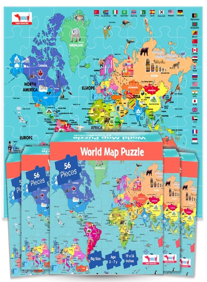 CocoMoco Kids World Map Puzzle for 3 to 6 Year Old Boys and Girls, 56 Pieces, Learning and Educational Gift, Return Gift for Kids (Pack of 5) - Image 1