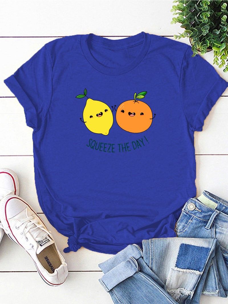 wish independent station fun fruit lemon pattern printed short sleeve t-shirt for women - Image 1