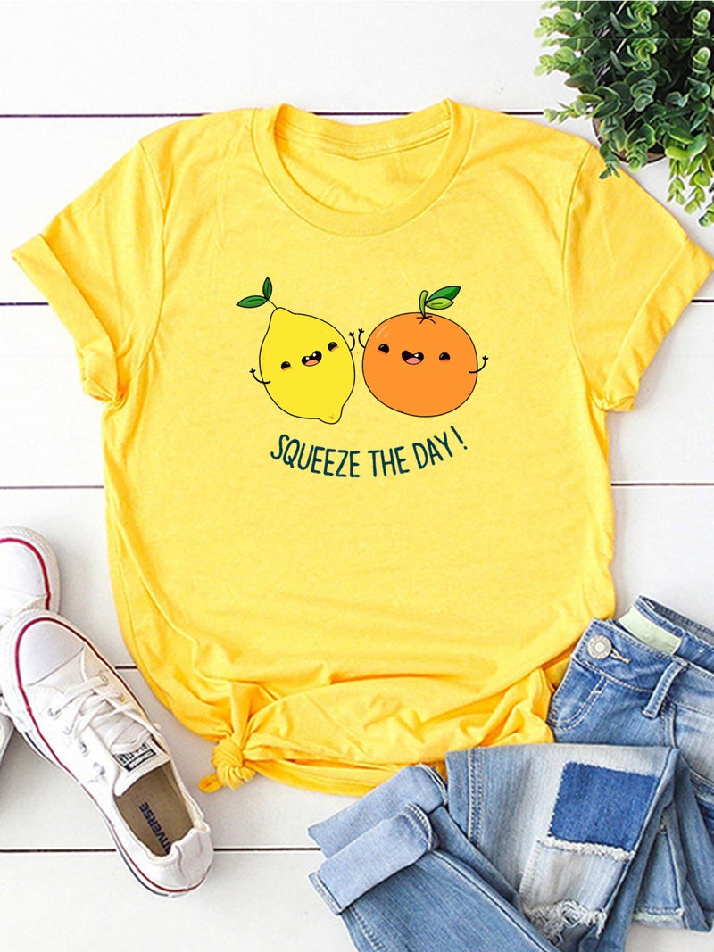wish independent station fun fruit lemon pattern printed short sleeve t-shirt for women - Image 5