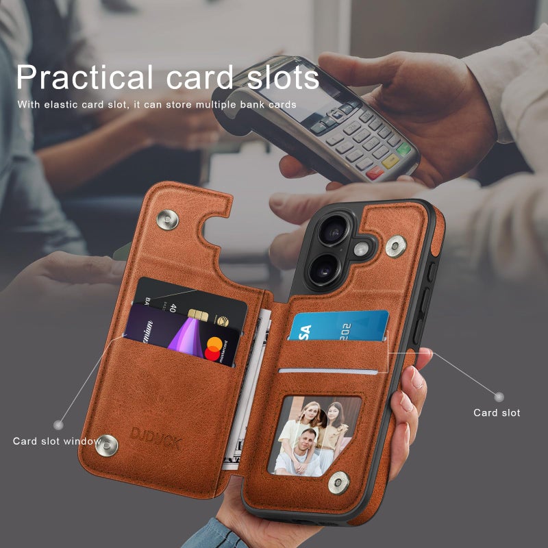 DJDUCK Designed for iPhone 16 Case Wallet with Card Holder, [Magnetic Clasp Cover] [RFID Blocking Leather Protection] Shockproof Women Men Cases 6.1 Inch for Apple 16 Light Brown - Image 3