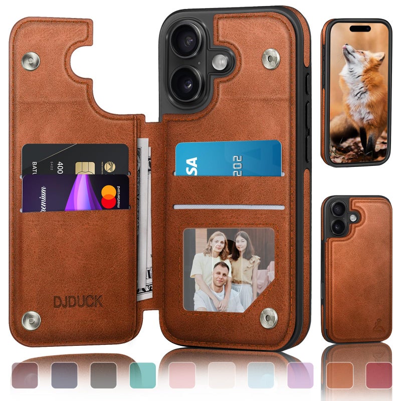 DJDUCK Designed for iPhone 16 Case Wallet with Card Holder, [Magnetic Clasp Cover] [RFID Blocking Leather Protection] Shockproof Women Men Cases 6.1 Inch for Apple 16 Light Brown - Image 1