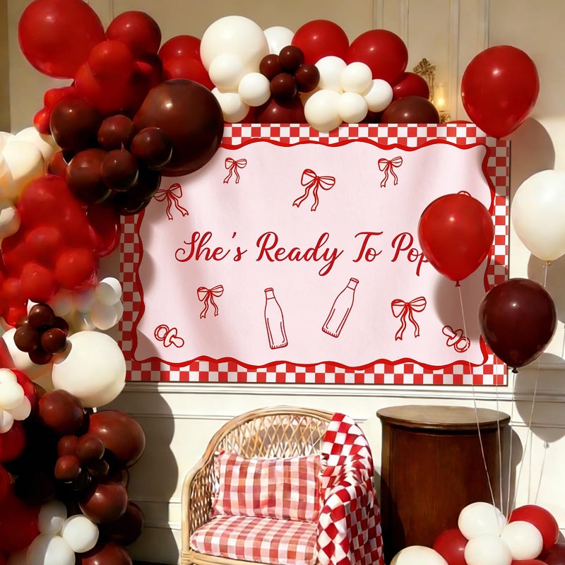 Batiyeer 181 Pcs She's Ready to Pop Baby Shower Decorations She's Ready to Pop Backdrop Red and White Balloons Arch Kit for Baby Shower Birthday Party Supplies - Image 1