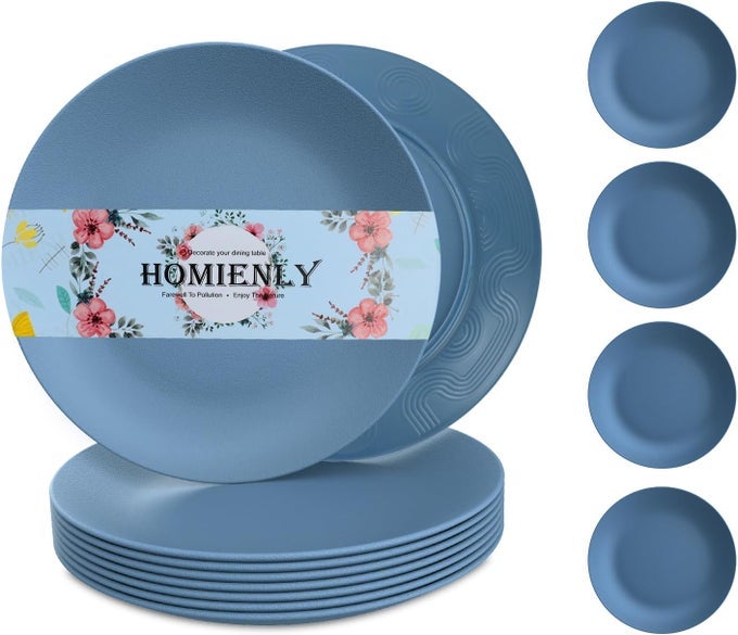 FLAT DINNER PLATES SET OF 8 ALTERNATIVE FOR PLASTIC PLATES MICROWAVE AND DISHWASHER SAFE WHEAT STRAW PLATES FOR KITCHEN UNBREAKABLE KIDS PLATES BLUE 9 INCH MS 01