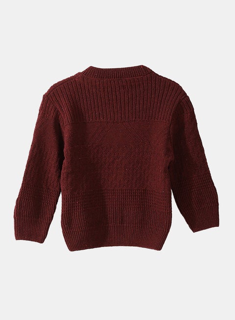 Self Patterened Round Collar Long Sleeves Burgundy Pullover_Burgundy
