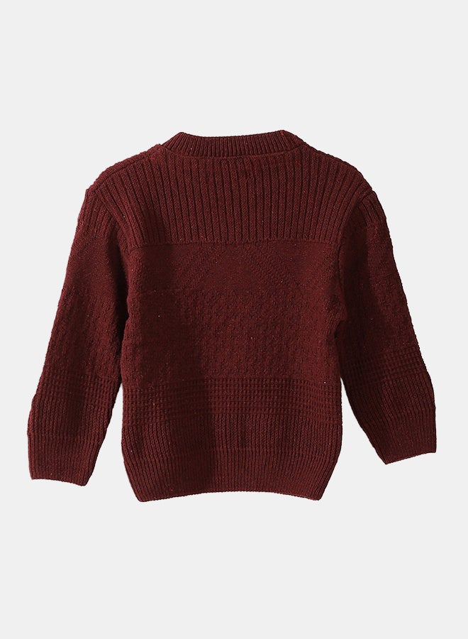 Andora Self Patterened Round Collar Long Sleeves Burgundy Pullover_Burgundy - Image 1