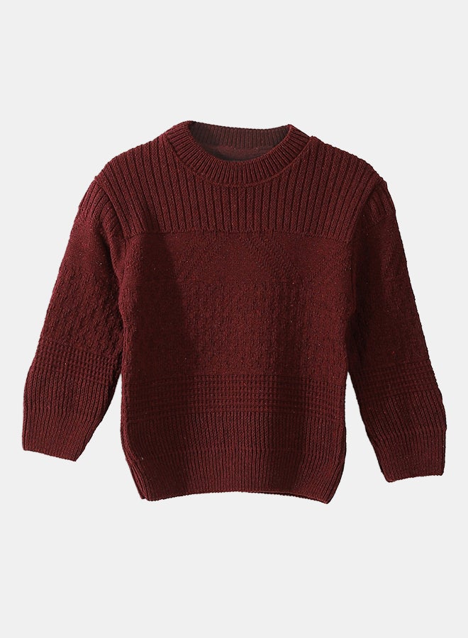 Andora Self Patterened Round Collar Long Sleeves Burgundy Pullover_Burgundy - Image 3