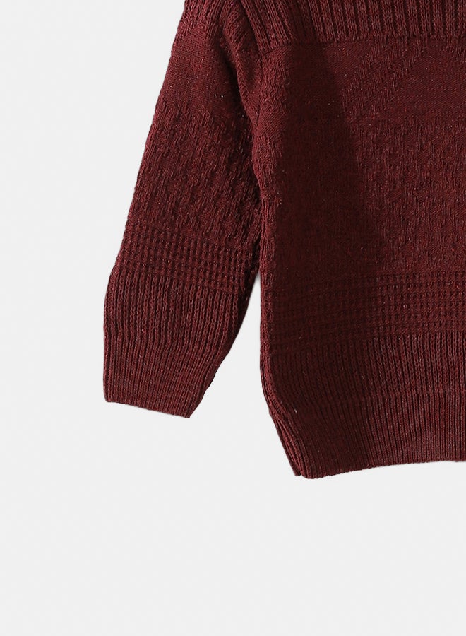 Andora Self Patterened Round Collar Long Sleeves Burgundy Pullover_Burgundy - Image 2