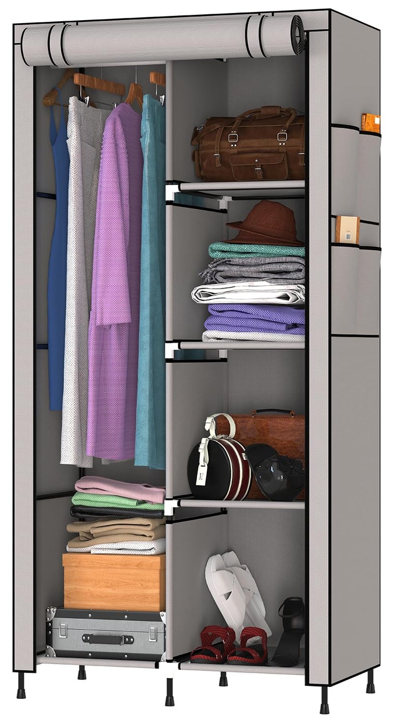 MY ARMOR 2Door Foldable Wardrobe for Clothes Multipurpose Cupboard for Storage Collapsible Wardrobe Organizer for Clothes Grey ABS PlasticFabric Cabinet Rack 5 Shelfes Design