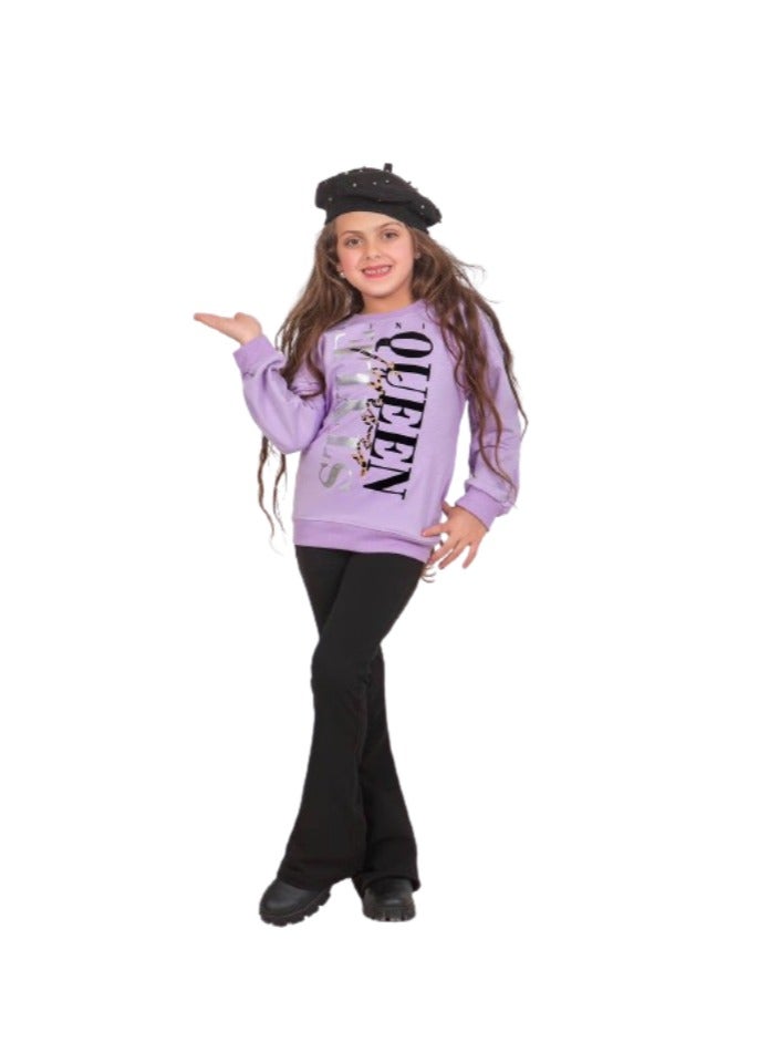 Girls' set, mauve T-shirt and black pants - Image 1